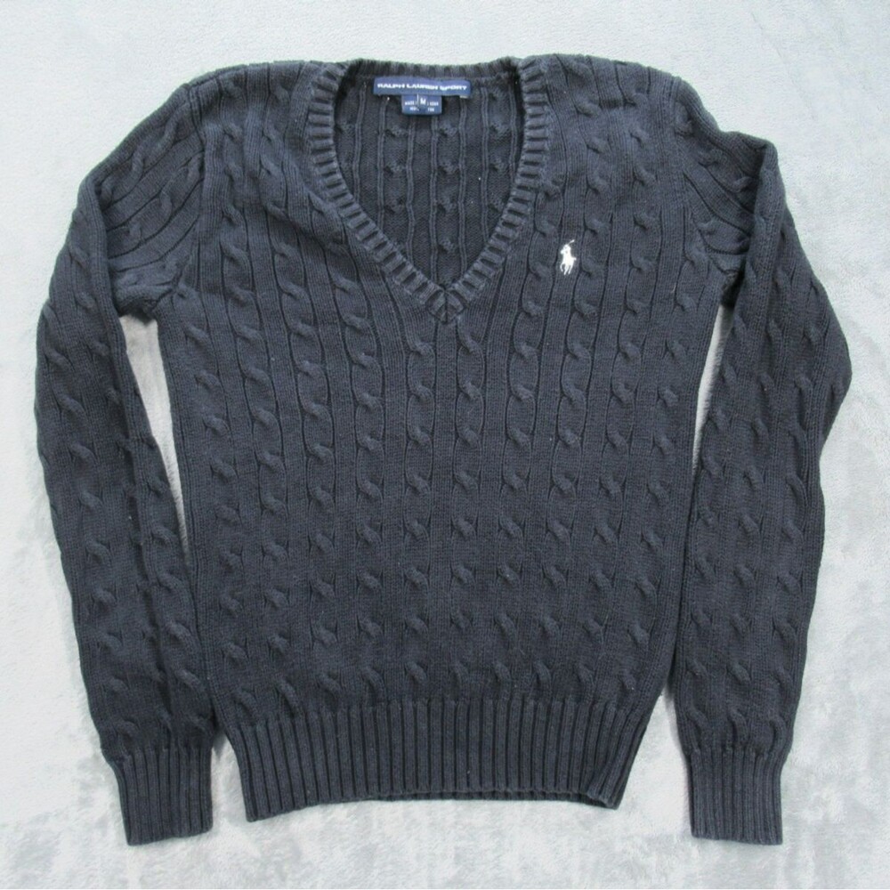 Vtg Ralph Lauren Sport Sweater Boys Medium Black Cable Knit V-Neck Long Slv